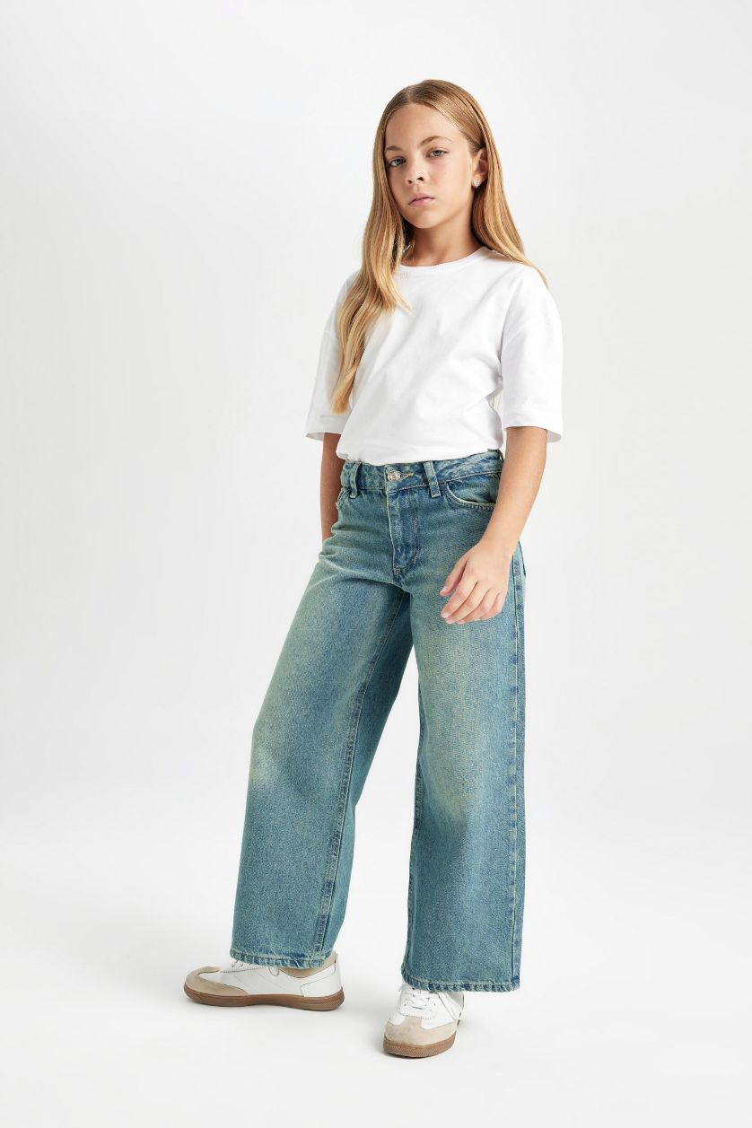 Kız Çocuk - Genç Kız Mavi Kız Çocuk Okul Wide Leg Geniş Bol Paça Cepli Jean Pantolon