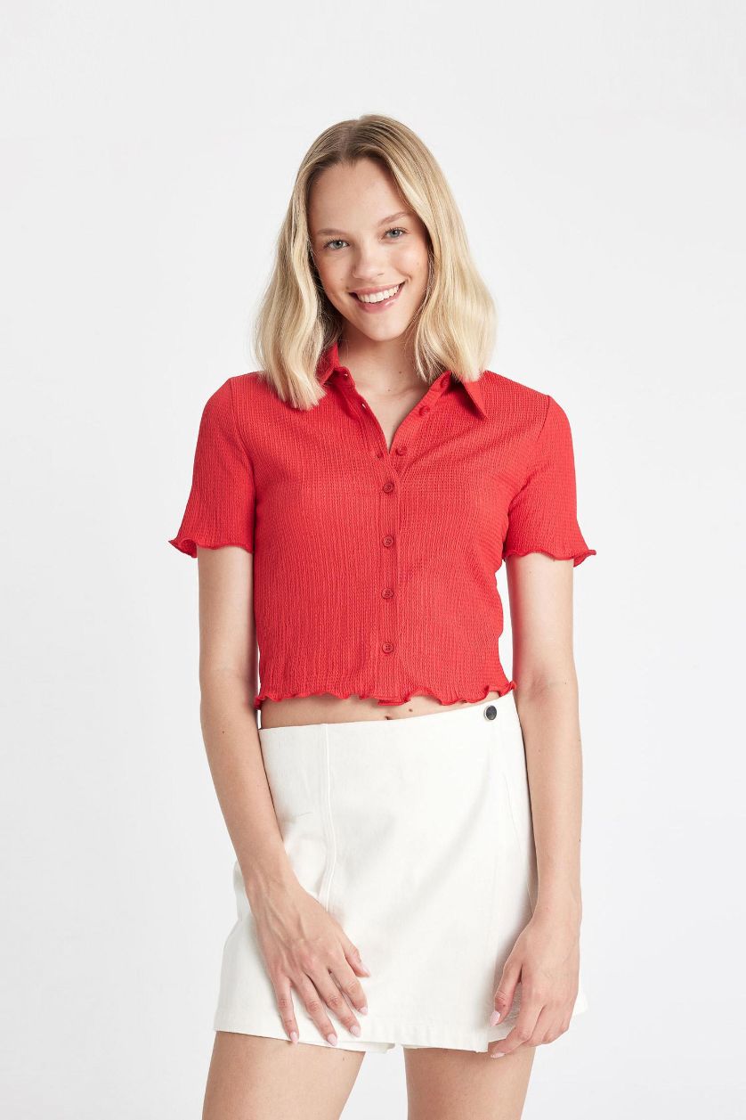 Kadın Kırmızı Fitted Bürümcük Kısa Kollu Gömlek