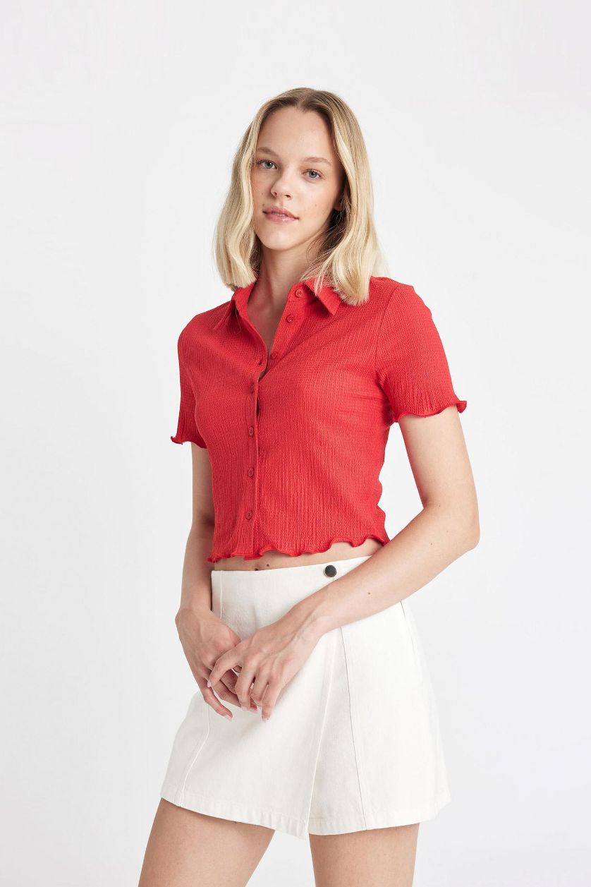 Kadın Kırmızı Fitted Bürümcük Kısa Kollu Gömlek