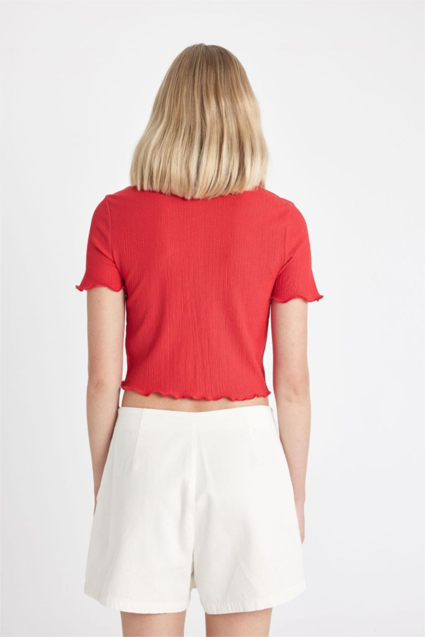 Kadın Kırmızı Fitted Bürümcük Kısa Kollu Gömlek