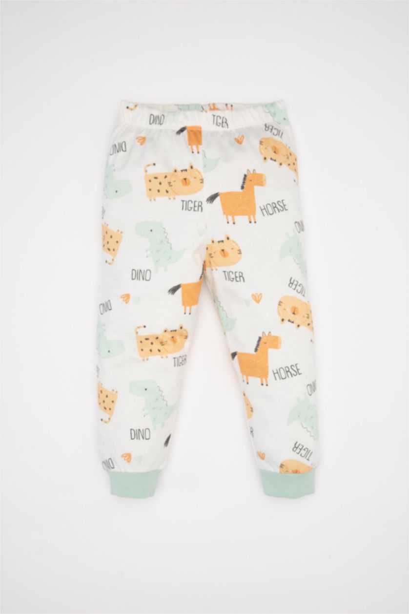 Erkek Bebek Kırık Beyaz Erkek Bebek 4'lü Pijama Takımı Dinozor Baskılı Penye Uzun Kollu Üst Uzun Alt