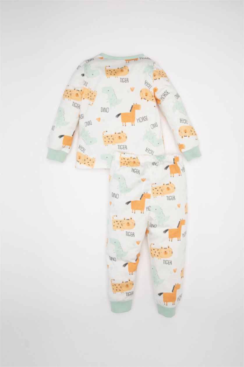 Erkek Bebek Kırık Beyaz Erkek Bebek 4'lü Pijama Takımı Dinozor Baskılı Penye Uzun Kollu Üst Uzun Alt