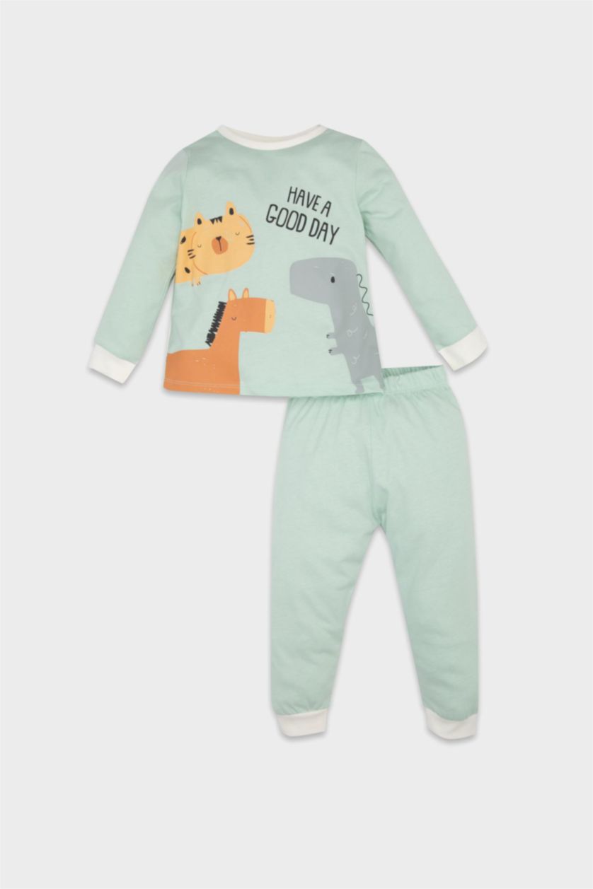 Erkek Bebek Kırık Beyaz Erkek Bebek 4'lü Pijama Takımı Dinozor Baskılı Penye Uzun Kollu Üst Uzun Alt