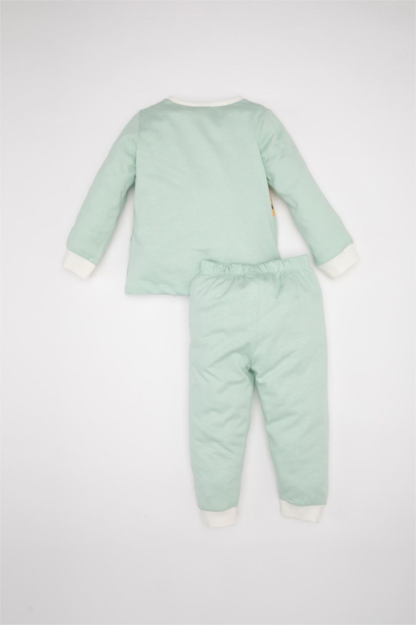 Erkek Bebek Kırık Beyaz Erkek Bebek 4'lü Pijama Takımı Dinozor Baskılı Penye Uzun Kollu Üst Uzun Alt