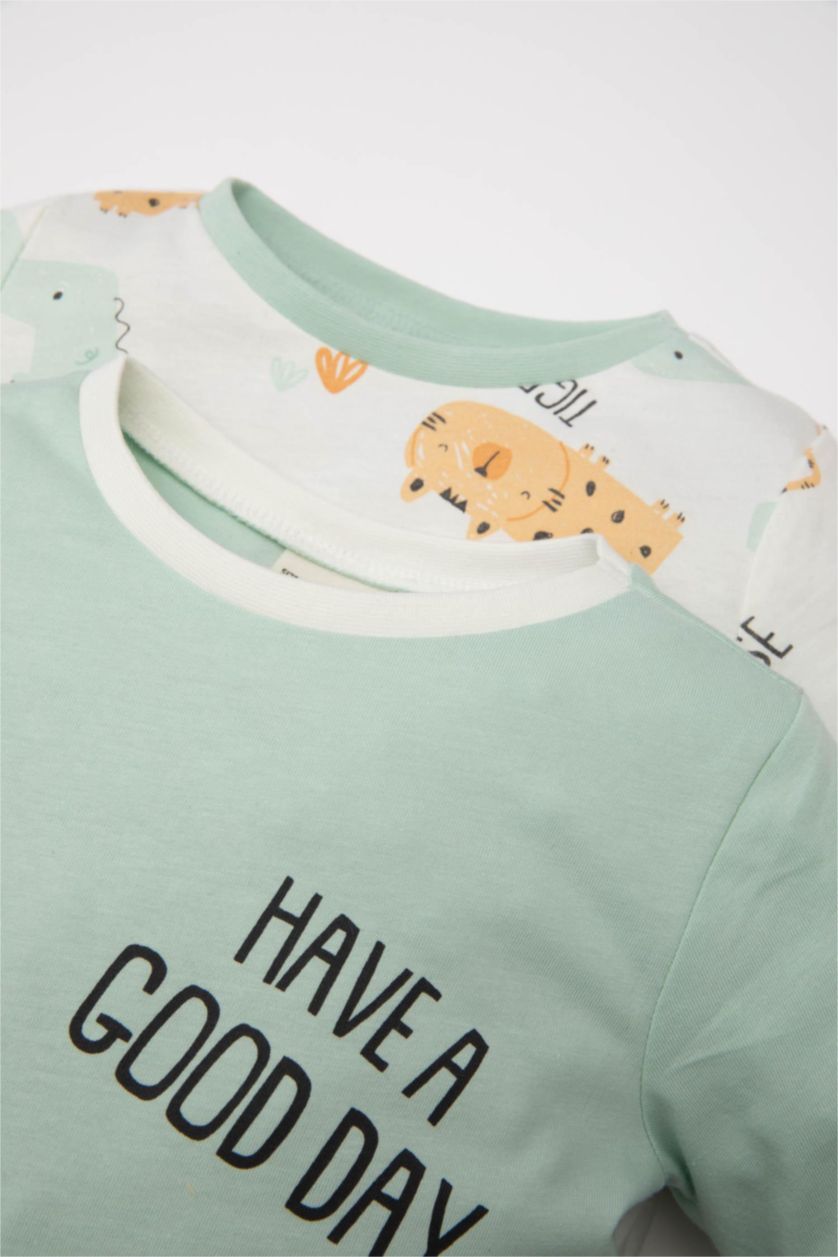 Erkek Bebek Kırık Beyaz Erkek Bebek 4'lü Pijama Takımı Dinozor Baskılı Penye Uzun Kollu Üst Uzun Alt