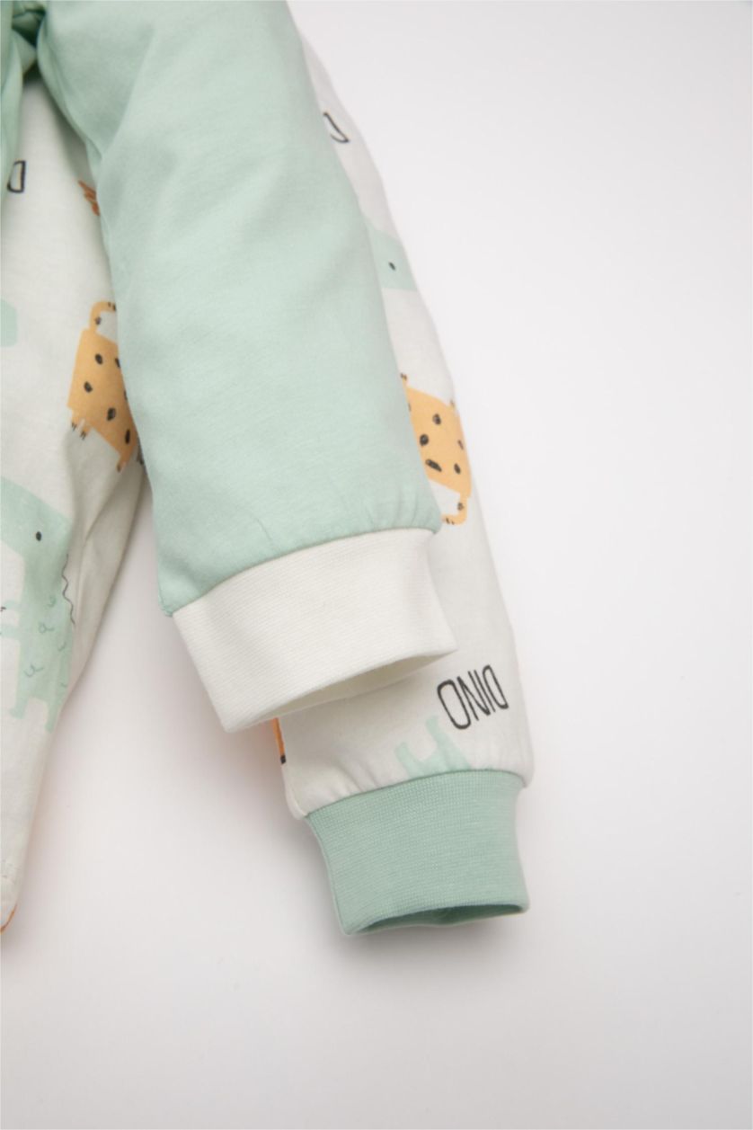 Erkek Bebek Kırık Beyaz Erkek Bebek 4'lü Pijama Takımı Dinozor Baskılı Penye Uzun Kollu Üst Uzun Alt