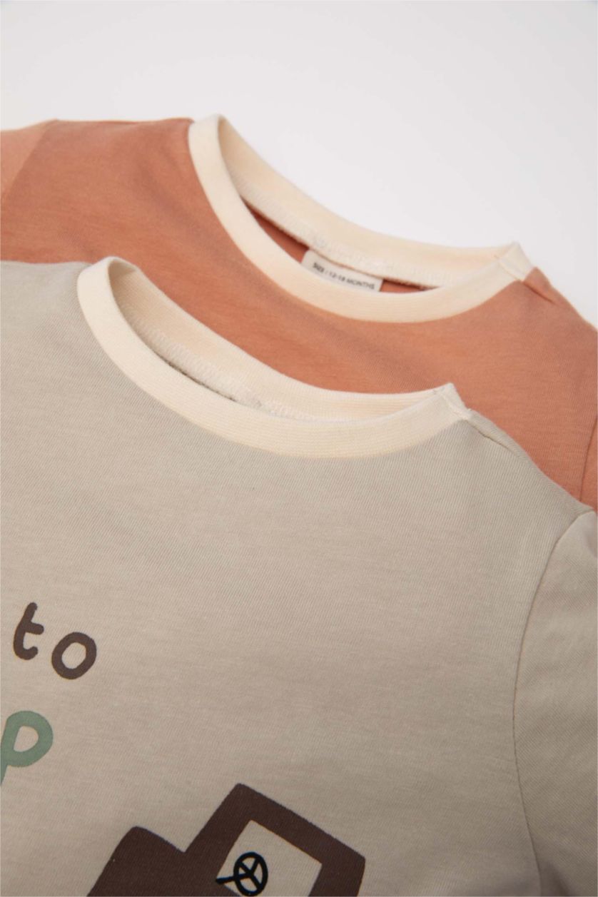 Erkek Bebek Açık Kahve Erkek Bebek 4'lü Pijama Takım Araç Baskılı Penye Uzun Kollu Üst Beli Lastikli Uzun Alt