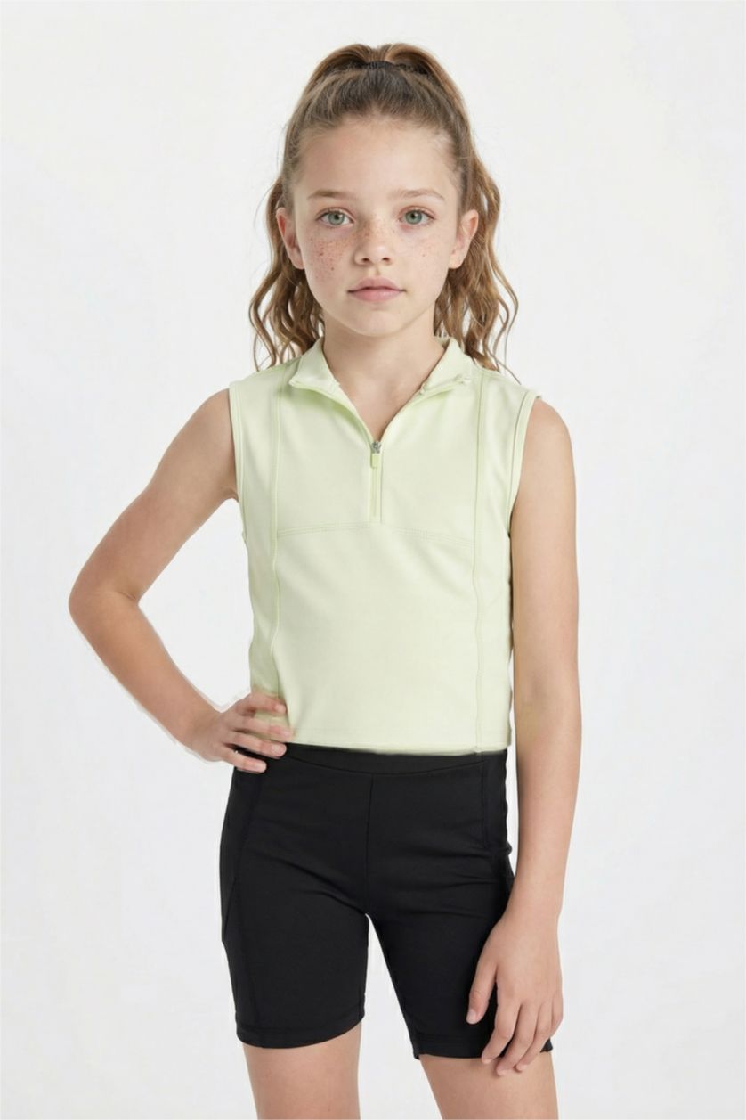 GIRLS & TEENS Light Mint Girl Slim Fit Polo Neck Basic Sleeveless T-Shirt