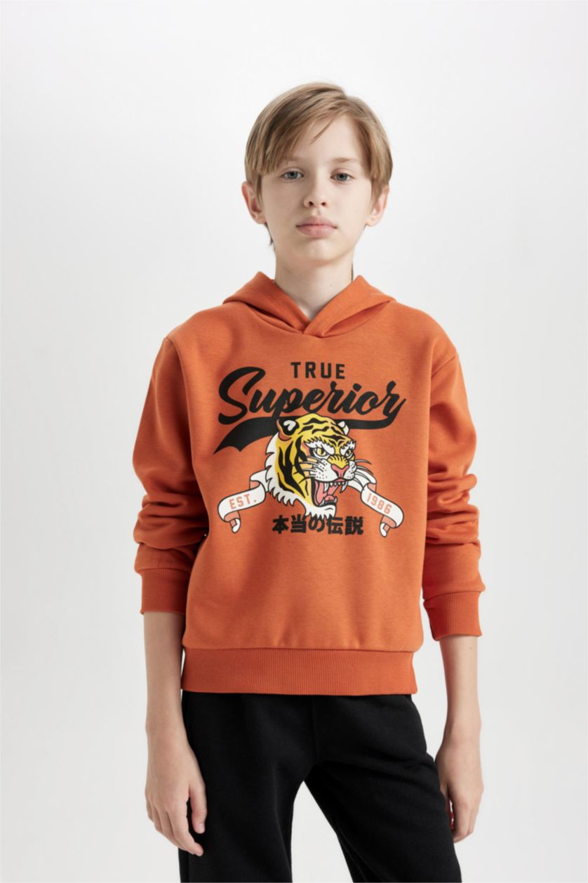 أولادي برتقالي طقم اولادي هودي وسويت بانتس تقيل قصة عادية - قطعتين