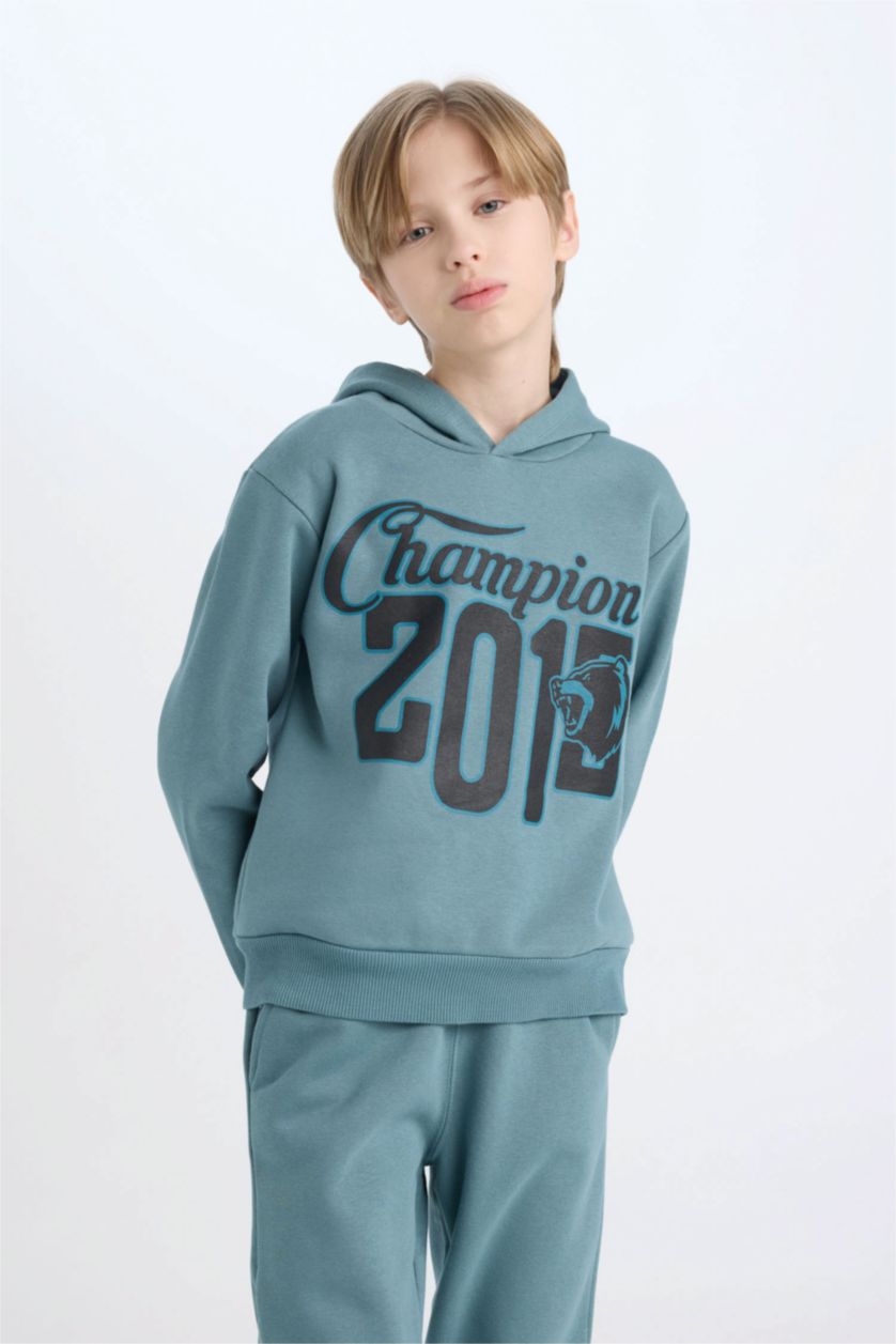 Boys & Teens Mat Yeşil Boy Sweatshirt Elastic Waist Sweatpants 2 Piece Set