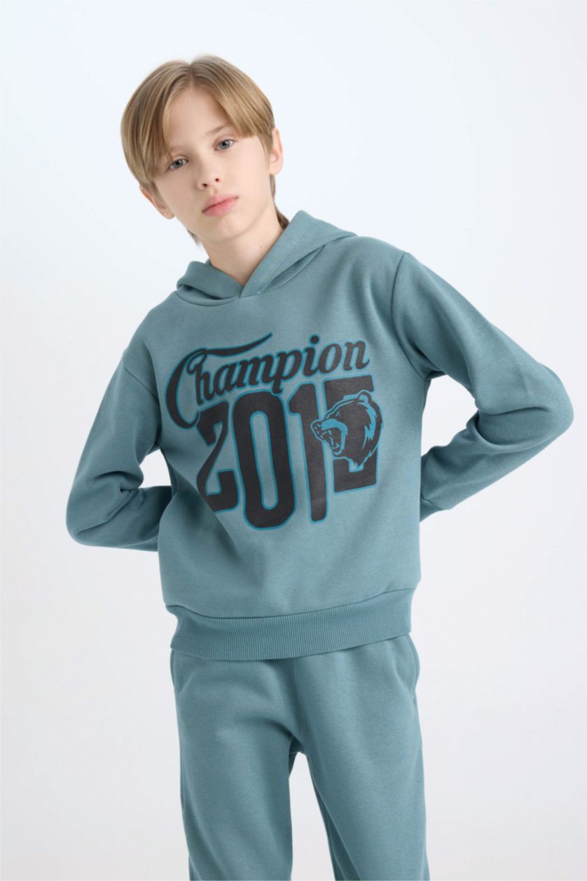 Boys & Teens Mat Yeşil Boy Sweatshirt Elastic Waist Sweatpants 2 Piece Set
