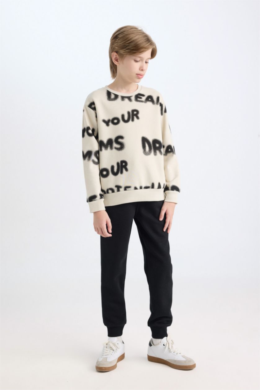 Erkek Çocuk - Genç Erkek Ekru Erkek Çocuk 2'li Takım Desenli Sweatshirt Beli Lastikli Eşofman Altı