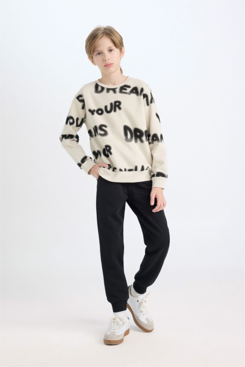 Erkek Çocuk - Genç Erkek Ekru Erkek Çocuk 2'li Takım Desenli Sweatshirt Beli Lastikli Eşofman Altı