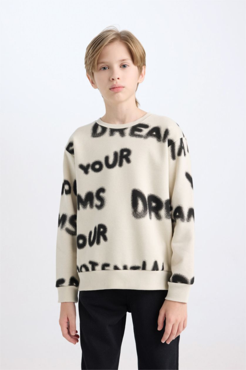 Erkek Çocuk - Genç Erkek Ekru Erkek Çocuk 2'li Takım Desenli Sweatshirt Beli Lastikli Eşofman Altı