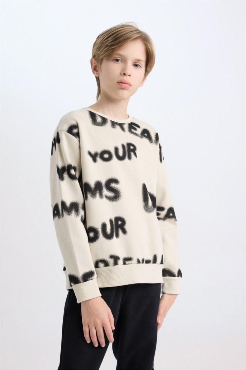 Erkek Çocuk - Genç Erkek Ekru Erkek Çocuk 2'li Takım Desenli Sweatshirt Beli Lastikli Eşofman Altı