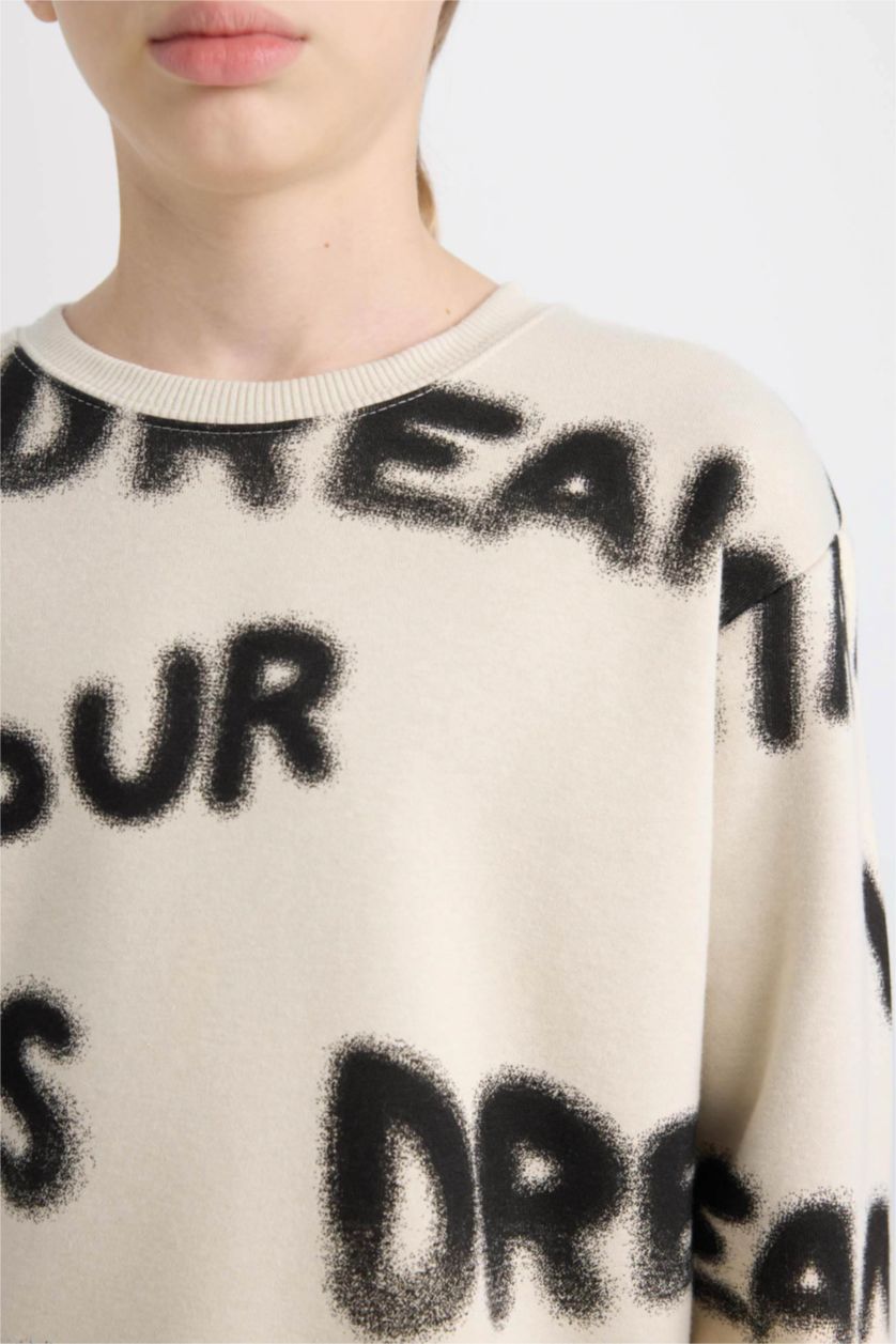 Erkek Çocuk - Genç Erkek Ekru Erkek Çocuk 2'li Takım Desenli Sweatshirt Beli Lastikli Eşofman Altı