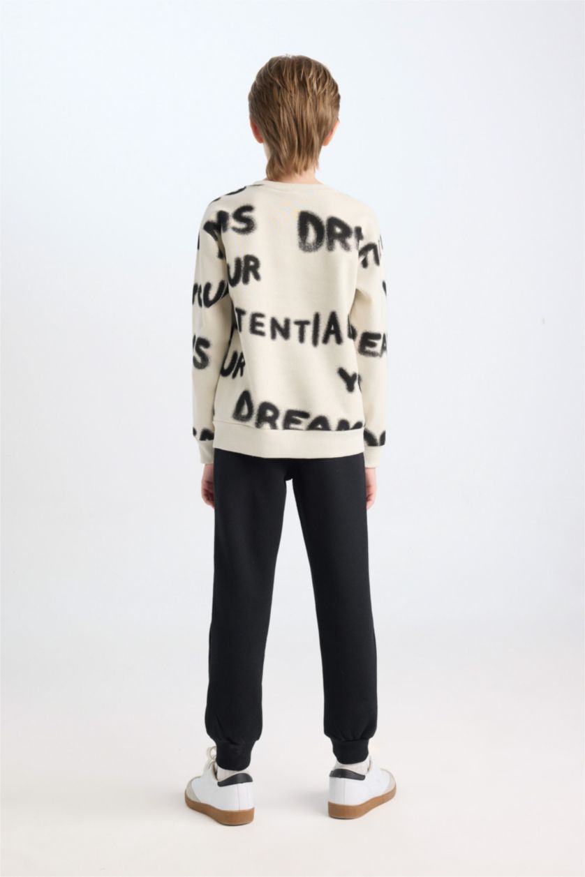 Erkek Çocuk - Genç Erkek Ekru Erkek Çocuk 2'li Takım Desenli Sweatshirt Beli Lastikli Eşofman Altı