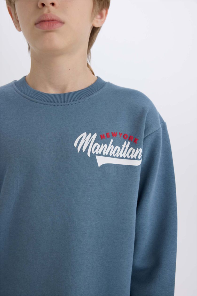 Erkek Çocuk - Genç Erkek Açık İndigo Erkek Çocuk 2'li Takım Baskılı Sweatshirt Beli Lastikli Eşofman Altı