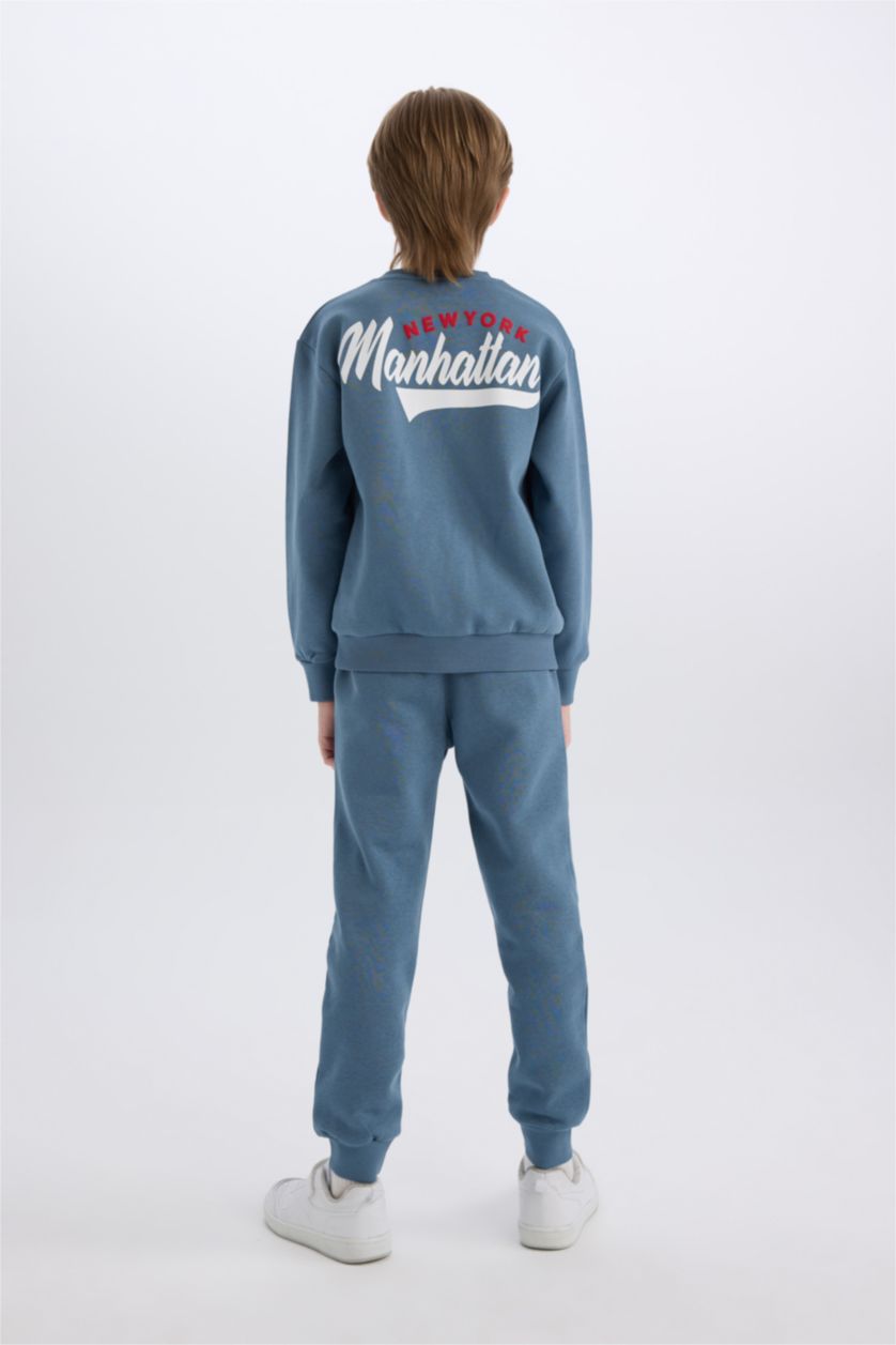 Erkek Çocuk - Genç Erkek Açık İndigo Erkek Çocuk 2'li Takım Baskılı Sweatshirt Beli Lastikli Eşofman Altı