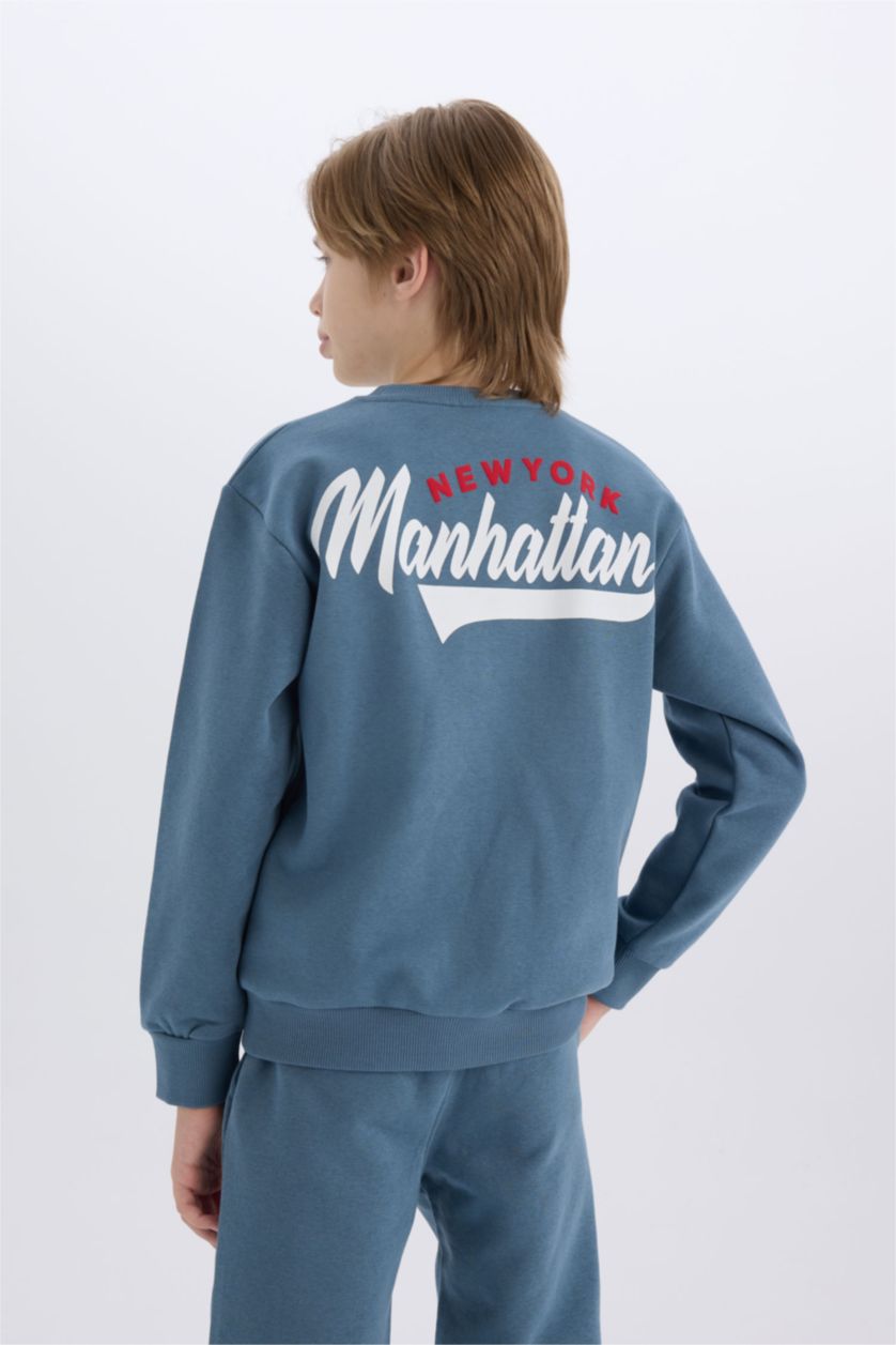 Erkek Çocuk - Genç Erkek Açık İndigo Erkek Çocuk 2'li Takım Baskılı Sweatshirt Beli Lastikli Eşofman Altı