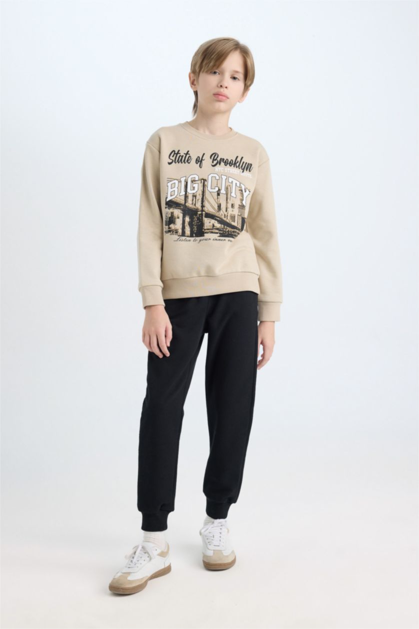 Erkek Çocuk - Genç Erkek Bej Erkek Çocuk 2'li Takım Baskılı Sweatshirt Beli Lastikli Jogger Eşofman Altı