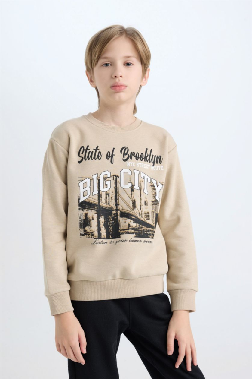 Erkek Çocuk - Genç Erkek Bej Erkek Çocuk 2'li Takım Baskılı Sweatshirt Beli Lastikli Jogger Eşofman Altı