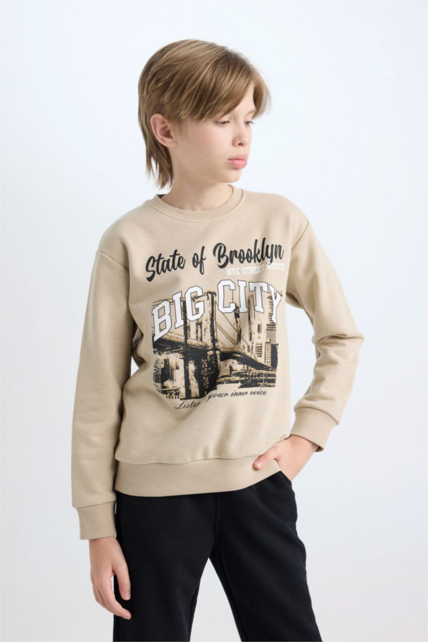 Erkek Çocuk - Genç Erkek Bej Erkek Çocuk 2'li Takım Baskılı Sweatshirt Beli Lastikli Jogger Eşofman Altı