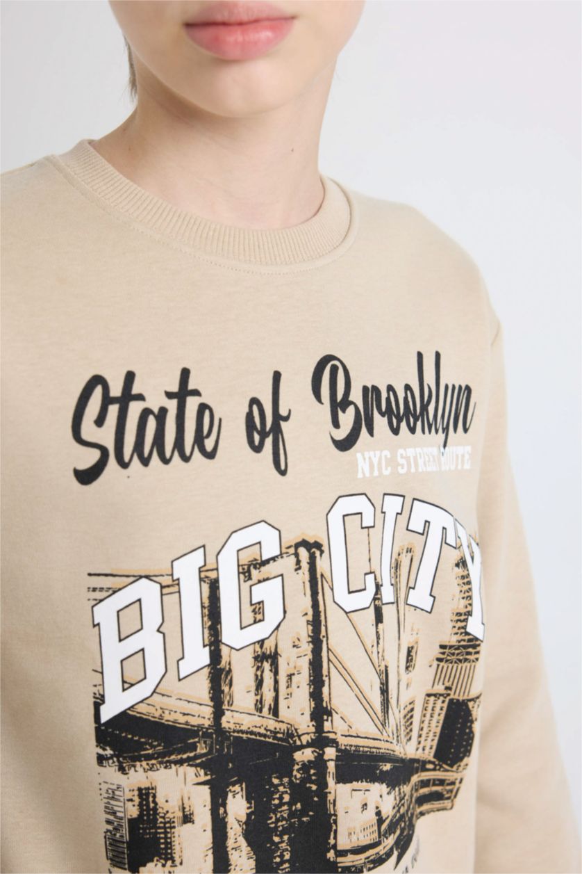 Erkek Çocuk - Genç Erkek Bej Erkek Çocuk 2'li Takım Baskılı Sweatshirt Beli Lastikli Jogger Eşofman Altı