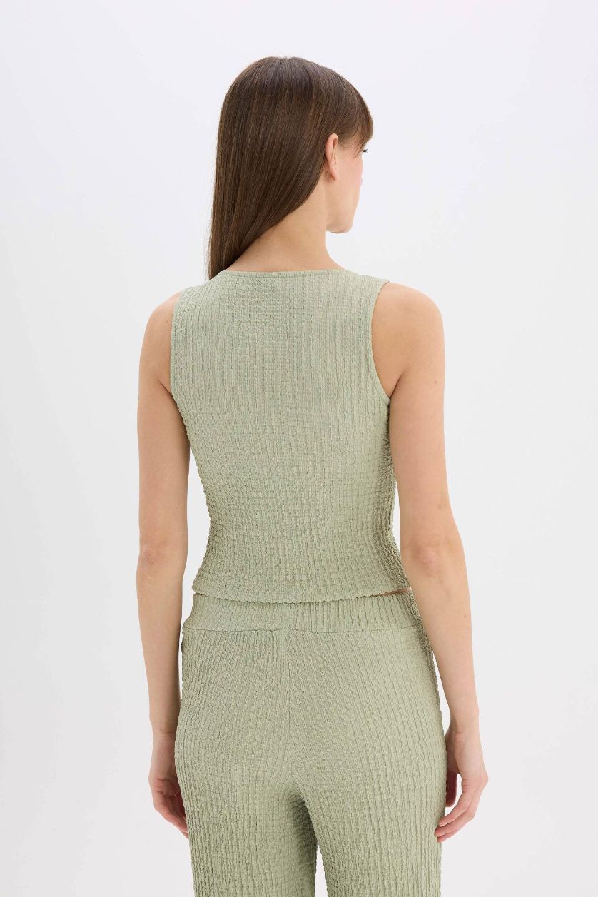 Kadın Mint Slim Fit Dar Kesim V Yaka Önden Bağlamalı Bürümcük Kolsuz Bluz