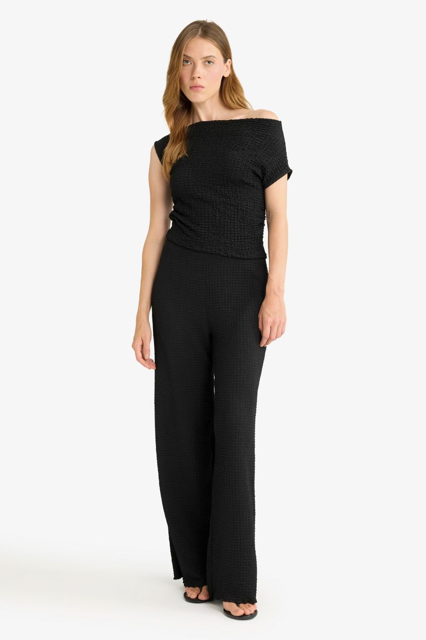 Kadın Siyah Wide Leg Geniş Bol Paça Bürümcük Pantolon