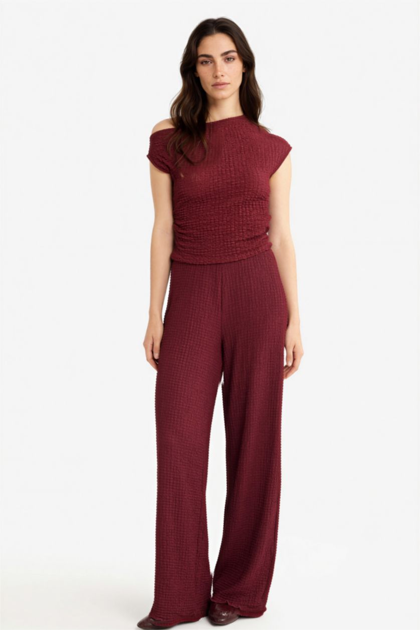 Kadın Bordo Wide Leg Geniş Bol Paça Bürümcük Pantolon