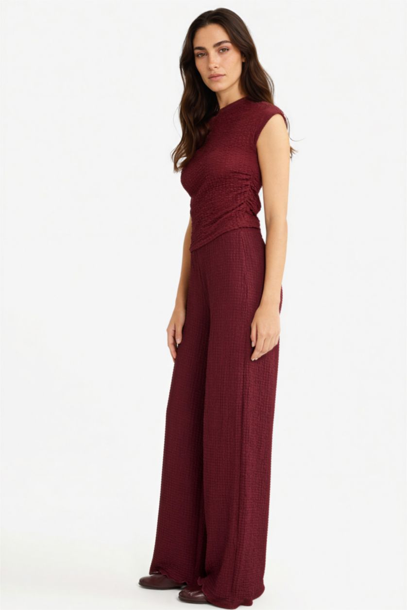 Kadın Bordo Wide Leg Geniş Bol Paça Bürümcük Pantolon