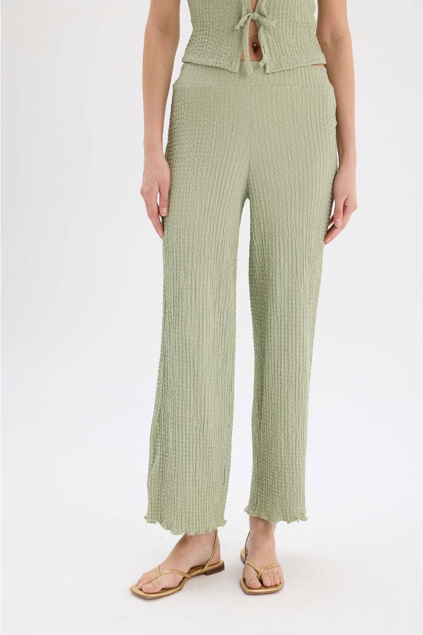 Kadın Mint Wide Leg Geniş Paça Beli Lastikli Basic Düz Bürümcük Pantolon
