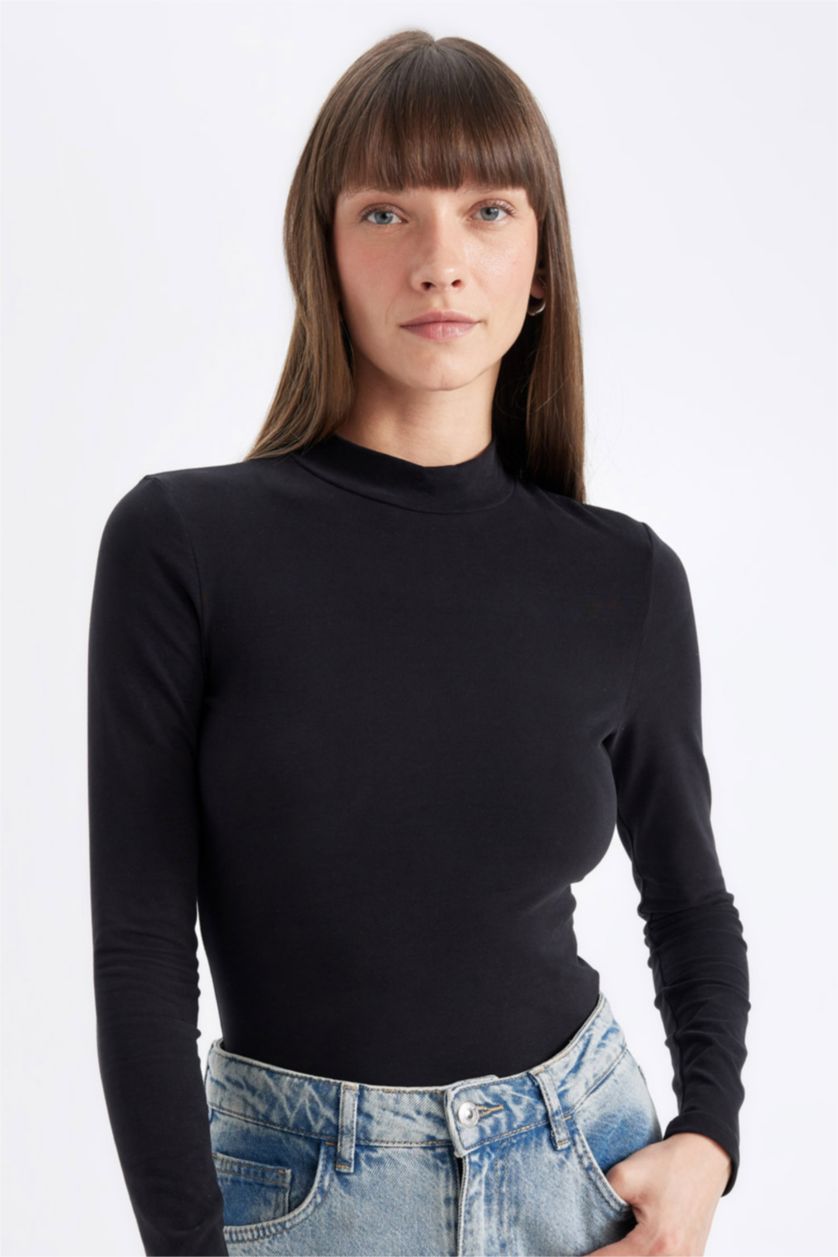 Kadın Siyah Slım Fıt Uzun Kollu Tişört