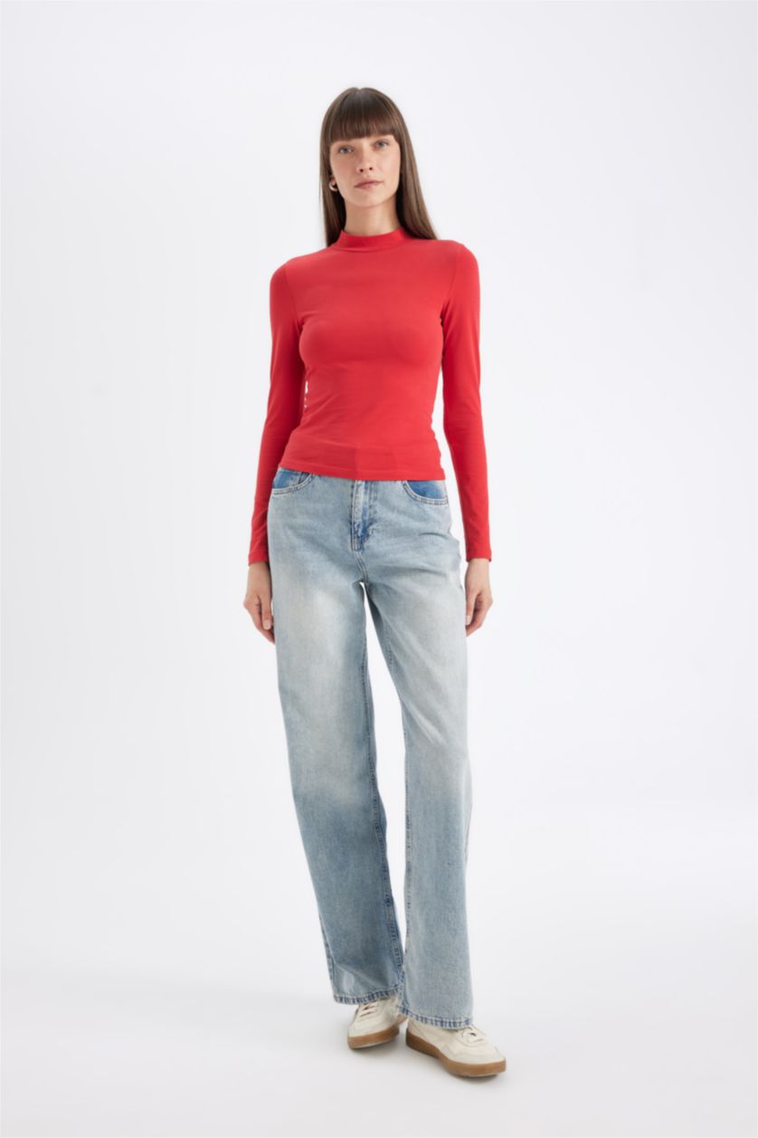 Kadın Kırmızı Kırmızı Slim Fit Dar Kesim Yarım Balıkçı Yaka Casual Basic Düz Uzun Kollu Tişört