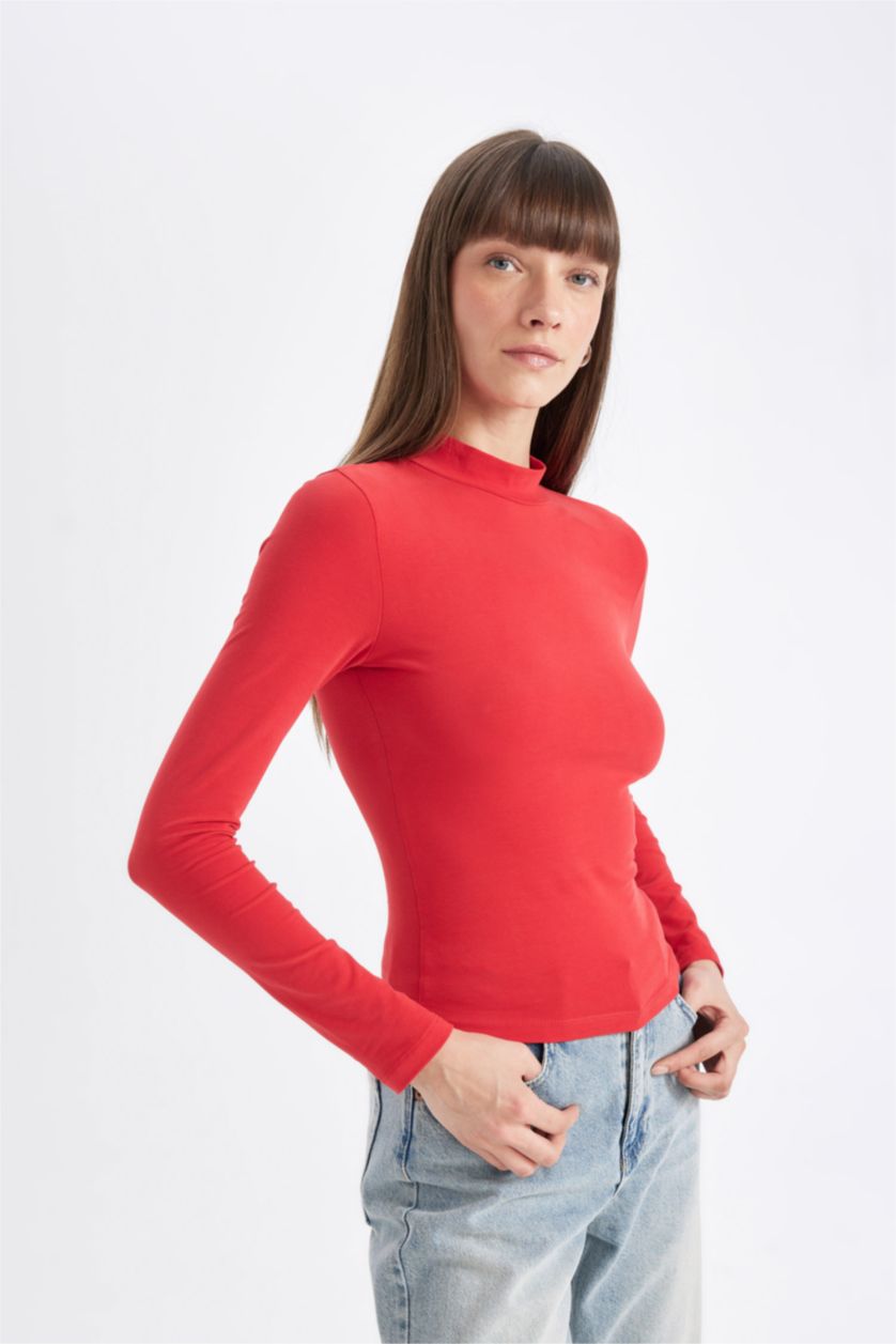 Kadın Kırmızı Kırmızı Slim Fit Dar Kesim Yarım Balıkçı Yaka Casual Basic Düz Uzun Kollu Tişört