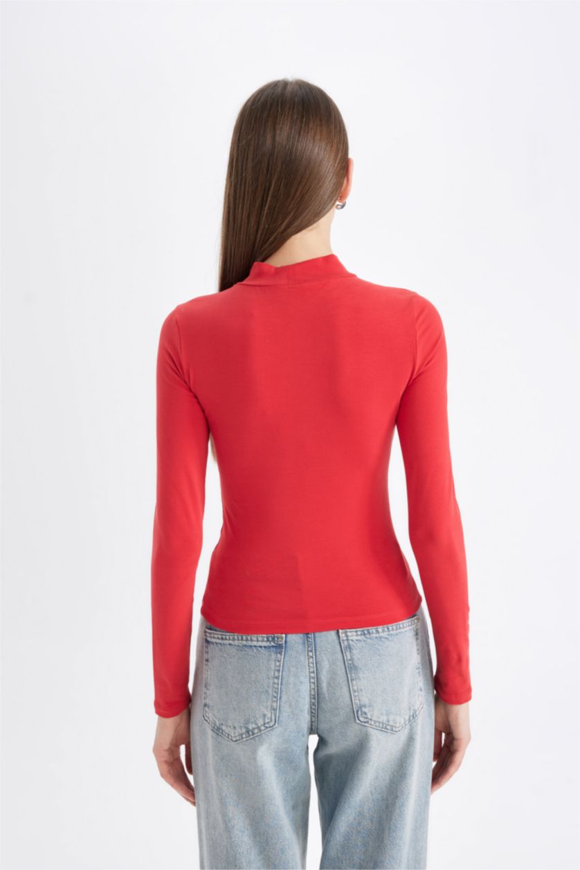 Kadın Kırmızı Kırmızı Slim Fit Dar Kesim Yarım Balıkçı Yaka Casual Basic Düz Uzun Kollu Tişört