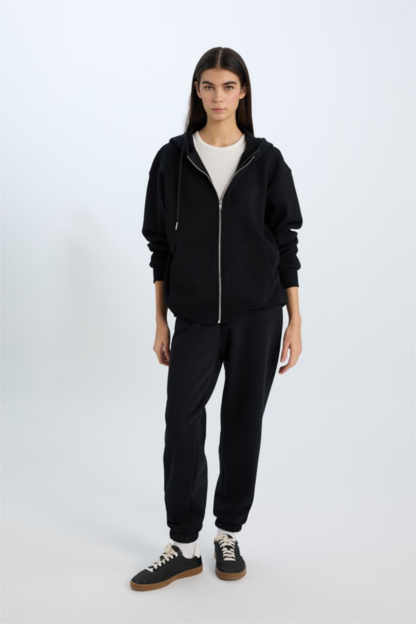 WOMAN Black Relax Fit Hooded Basic Thick Sweatshirt Fabric Cardigan