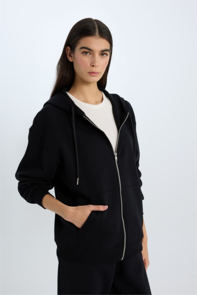 WOMAN Black Relax Fit Hooded Basic Thick Sweatshirt Fabric Cardigan