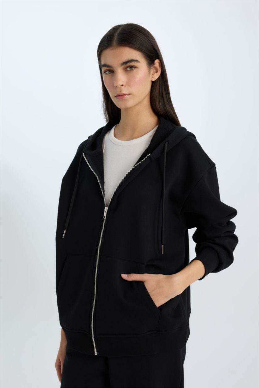 WOMAN Black Relax Fit Hooded Basic Thick Sweatshirt Fabric Cardigan