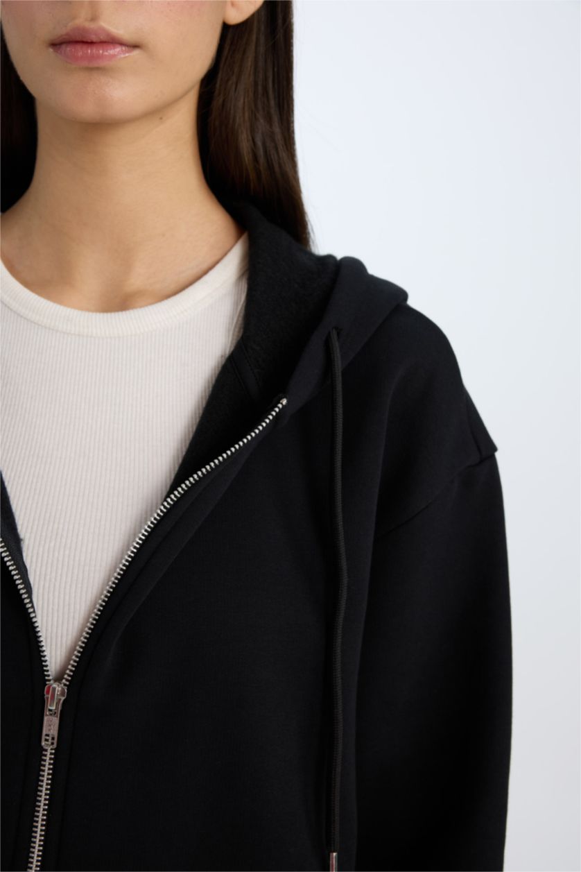 WOMAN Black Relax Fit Hooded Basic Thick Sweatshirt Fabric Cardigan