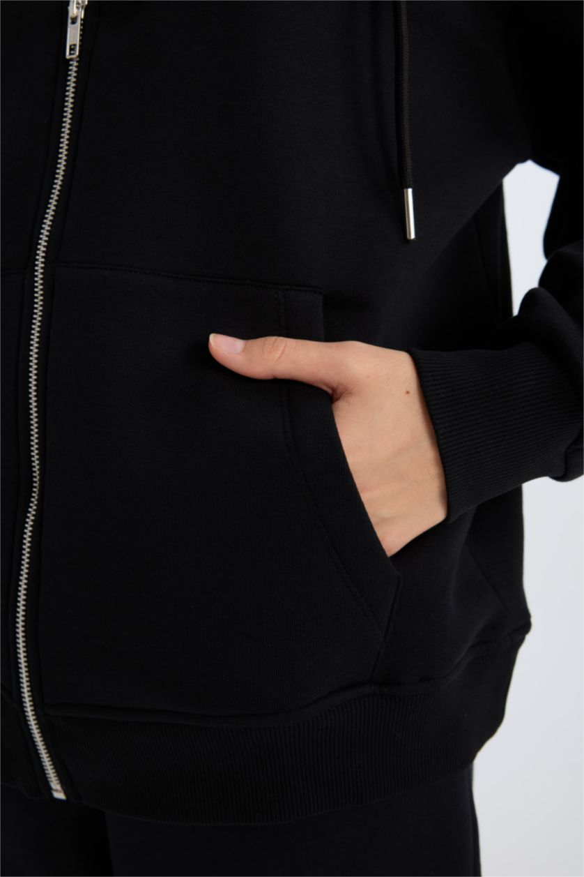 WOMAN Black Relax Fit Hooded Basic Thick Sweatshirt Fabric Cardigan