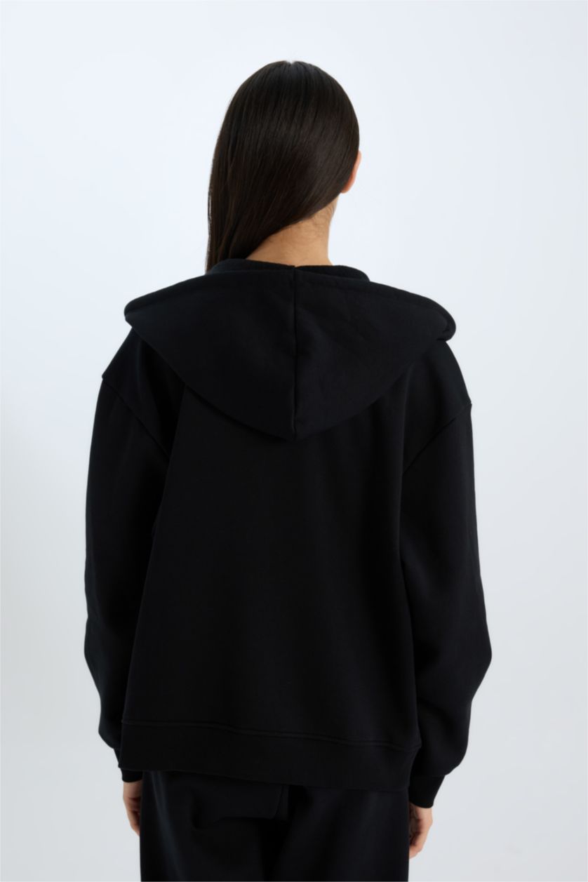 WOMAN Black Relax Fit Hooded Basic Thick Sweatshirt Fabric Cardigan