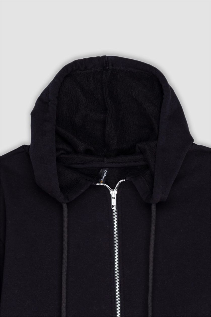 WOMAN Black Relax Fit Hooded Basic Thick Sweatshirt Fabric Cardigan