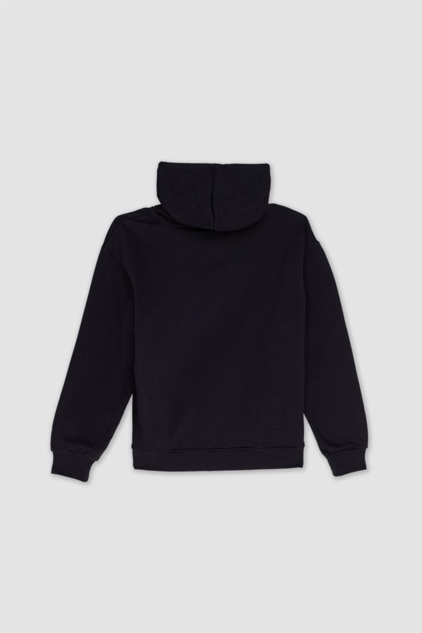 WOMAN Black Relax Fit Hooded Basic Thick Sweatshirt Fabric Cardigan