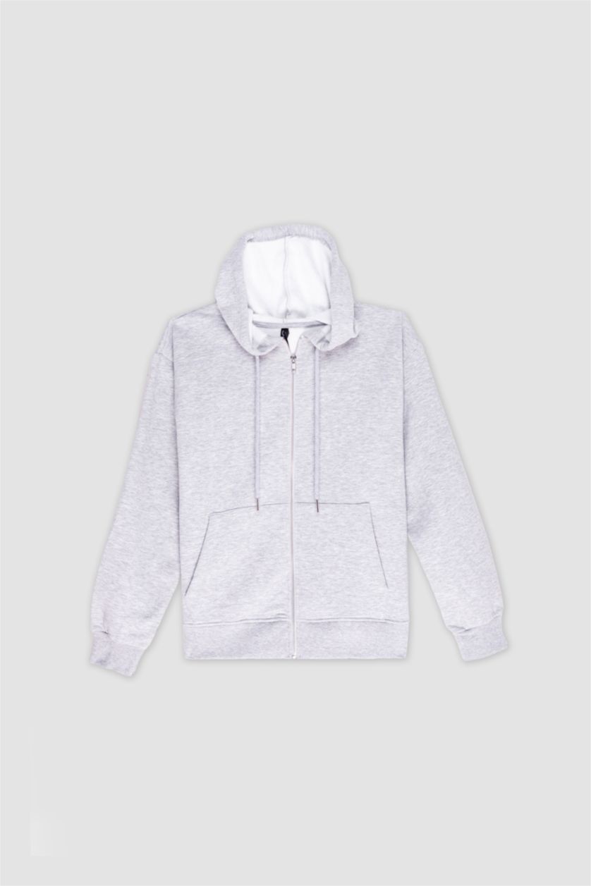 WOMAN Grey Melange Relax Fit Hooded Basic Thick Sweatshirt Fabric Cardigan