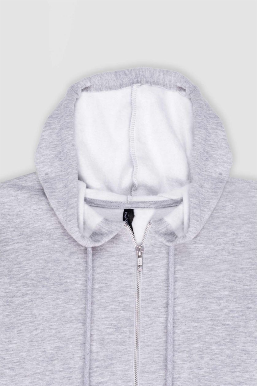 WOMAN Grey Melange Relax Fit Hooded Basic Thick Sweatshirt Fabric Cardigan