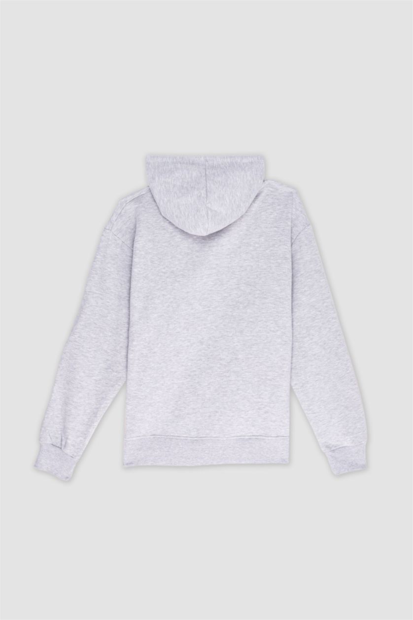 WOMAN Grey Melange Relax Fit Hooded Basic Thick Sweatshirt Fabric Cardigan