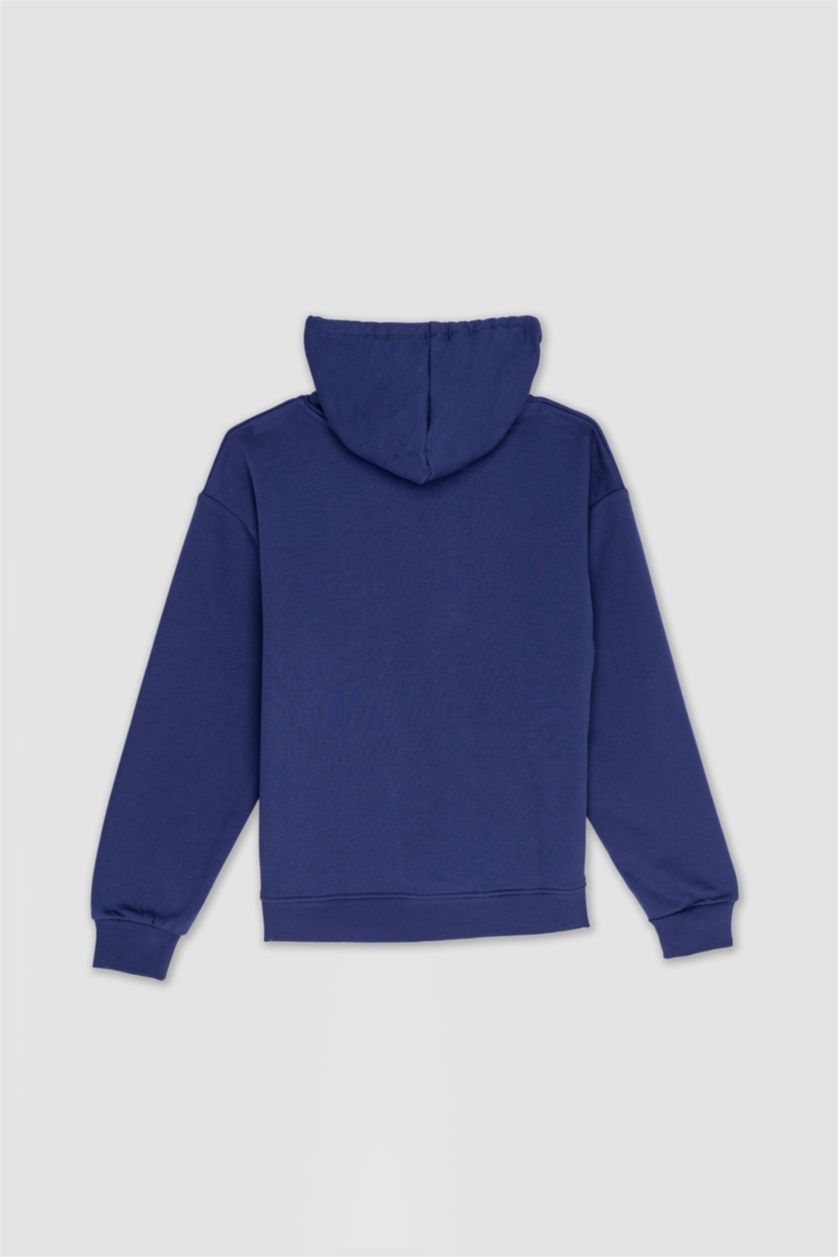 WOMAN NAVY Relax Fit Hooded Thick Fabric Cardigan