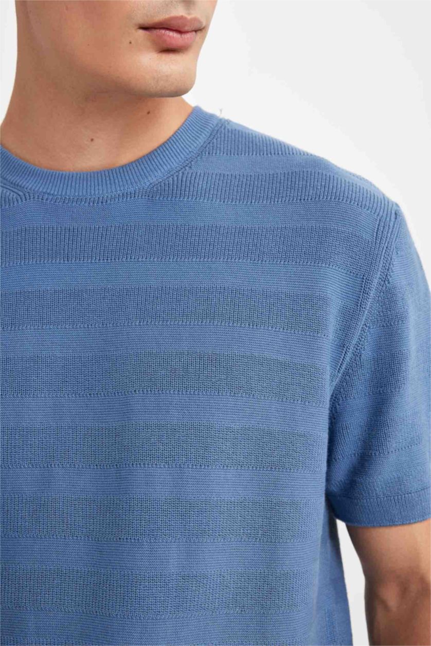 Man Light Indigo Standard Fit Regular Cut Crew Neck Cotton Knit T-Shirt